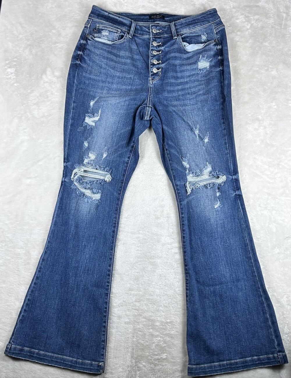 Judy Blue Jeans Womens 16 W (34x33 ACTUAL) Trouser Flare Blue Denim Boho Indie